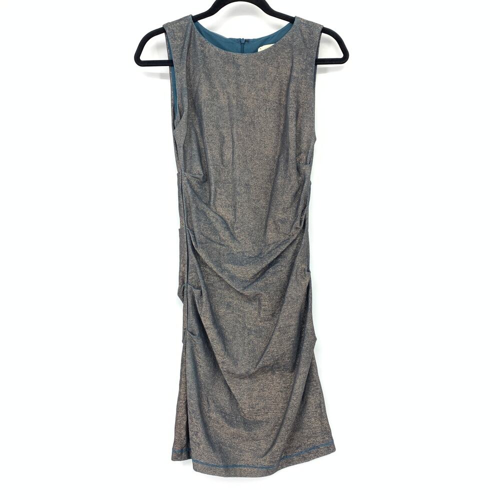 Nicole Miller Artelier Ruched V-Neck Sleeveless Dress Womens Sz P XS Blue Copper